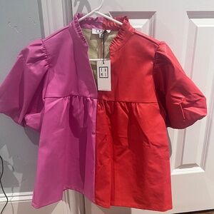 THML Pink/Red Colorblock Puff Sleeve Faux Leather Top SZ S NWT